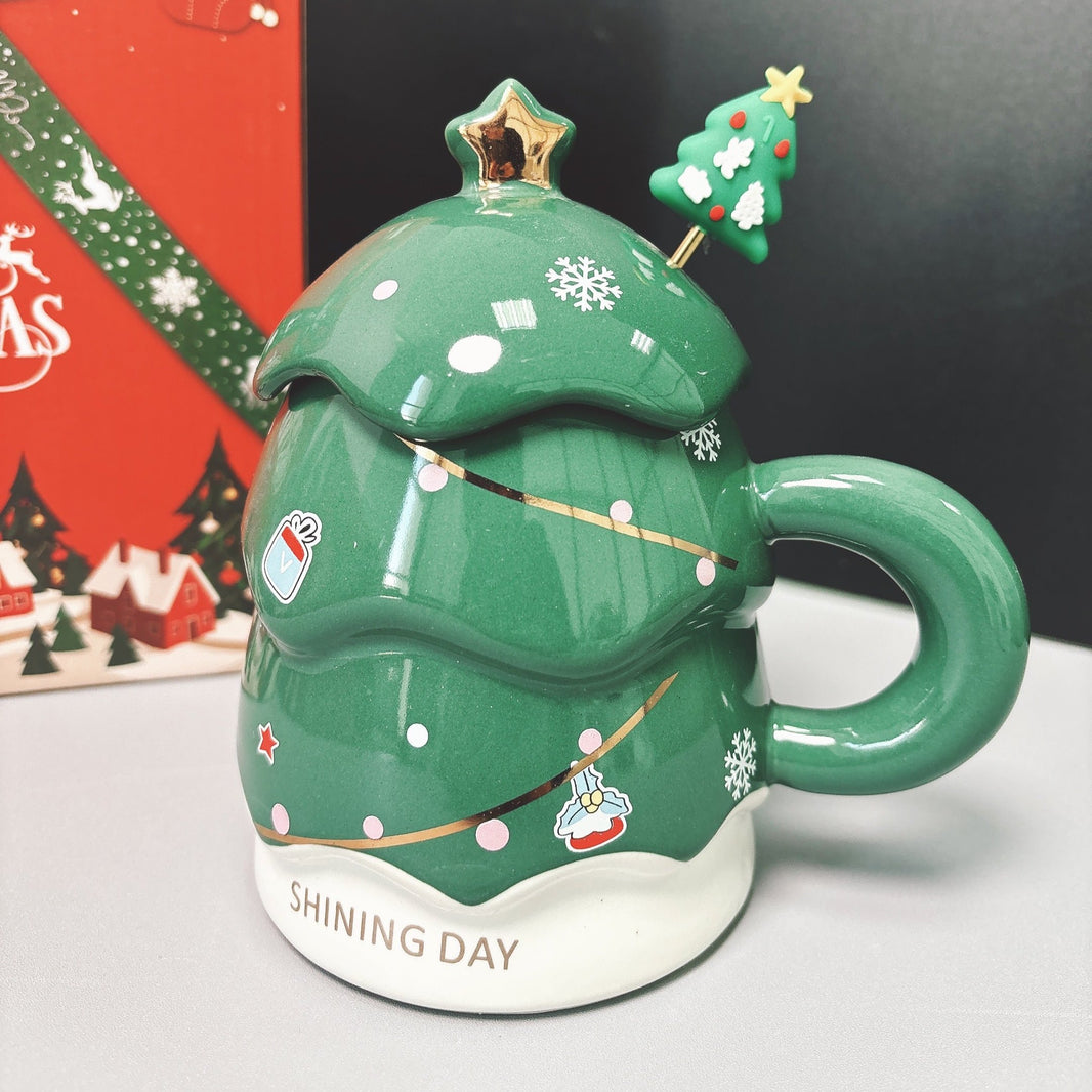 Christmas Tree-Shaped Ceramic Mug with Gift Box – Holiday Coffee Cup