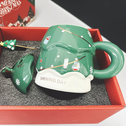 Christmas Tree-Shaped Ceramic Mug with Gift Box – Holiday Coffee Cup