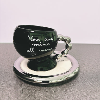 Fashionable Black Ceramic Mug with Bright Silver Handle & Plate – Unique Design