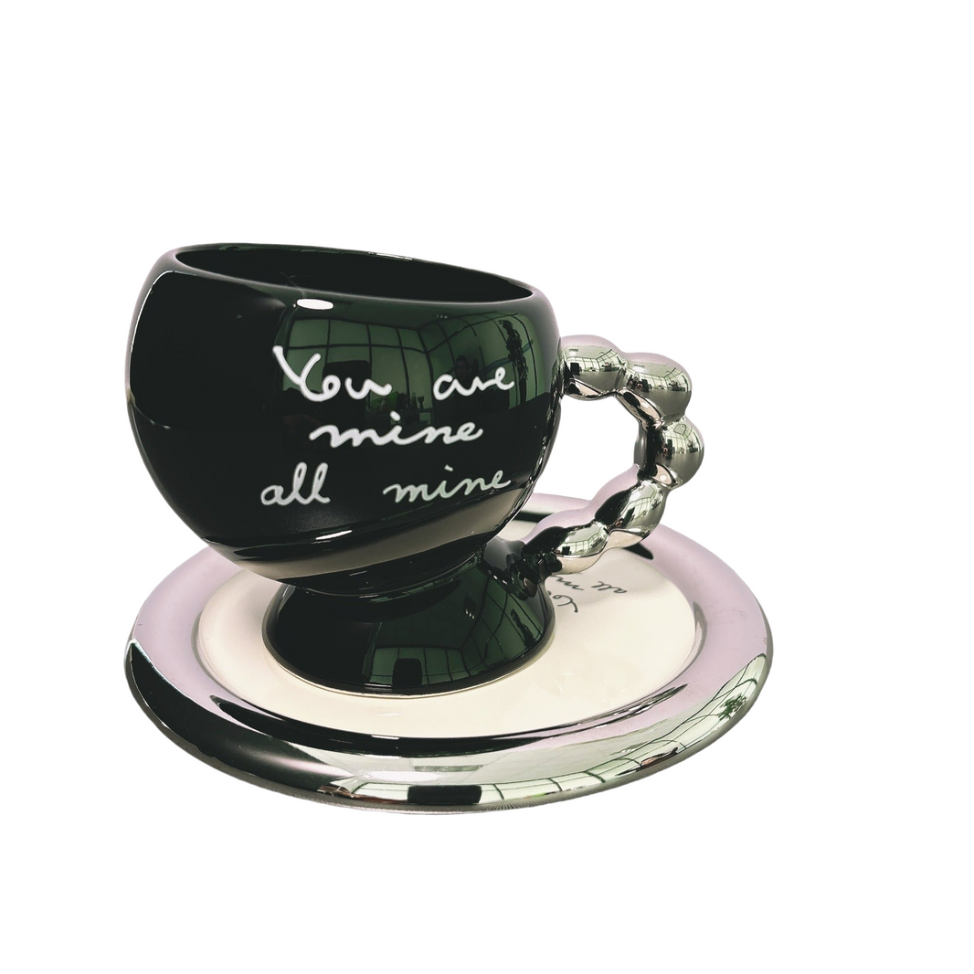 Fashionable Black Ceramic Mug with Bright Silver Handle & Plate – Unique Design