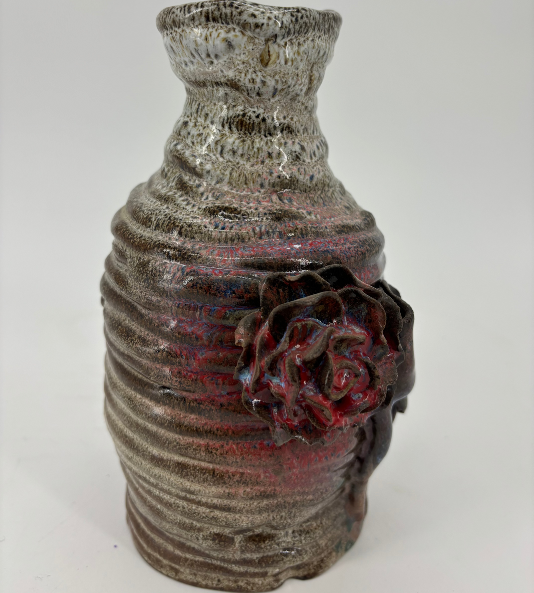 Delicate Ceramic Vase – Small Glazed Bottle with Red Roses, Colorful Home Décor