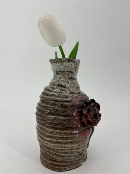 Delicate Ceramic Vase – Small Glazed Bottle with Red Roses, Colorful Home Décor