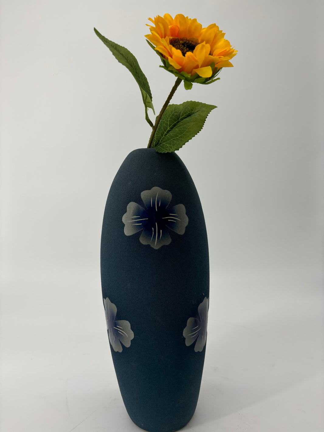 Blue Ceramic Elongated Vase with Floral Design – Elegant Home Décor, Artistic Accent Piece