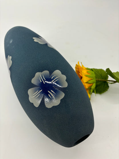 Blue Ceramic Elongated Vase with Floral Design – Elegant Home Décor, Artistic Accent Piece