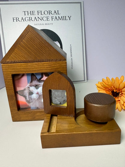 Wooden Pet Urn in House Shape – Customizable Memorial with Replaceable Photo