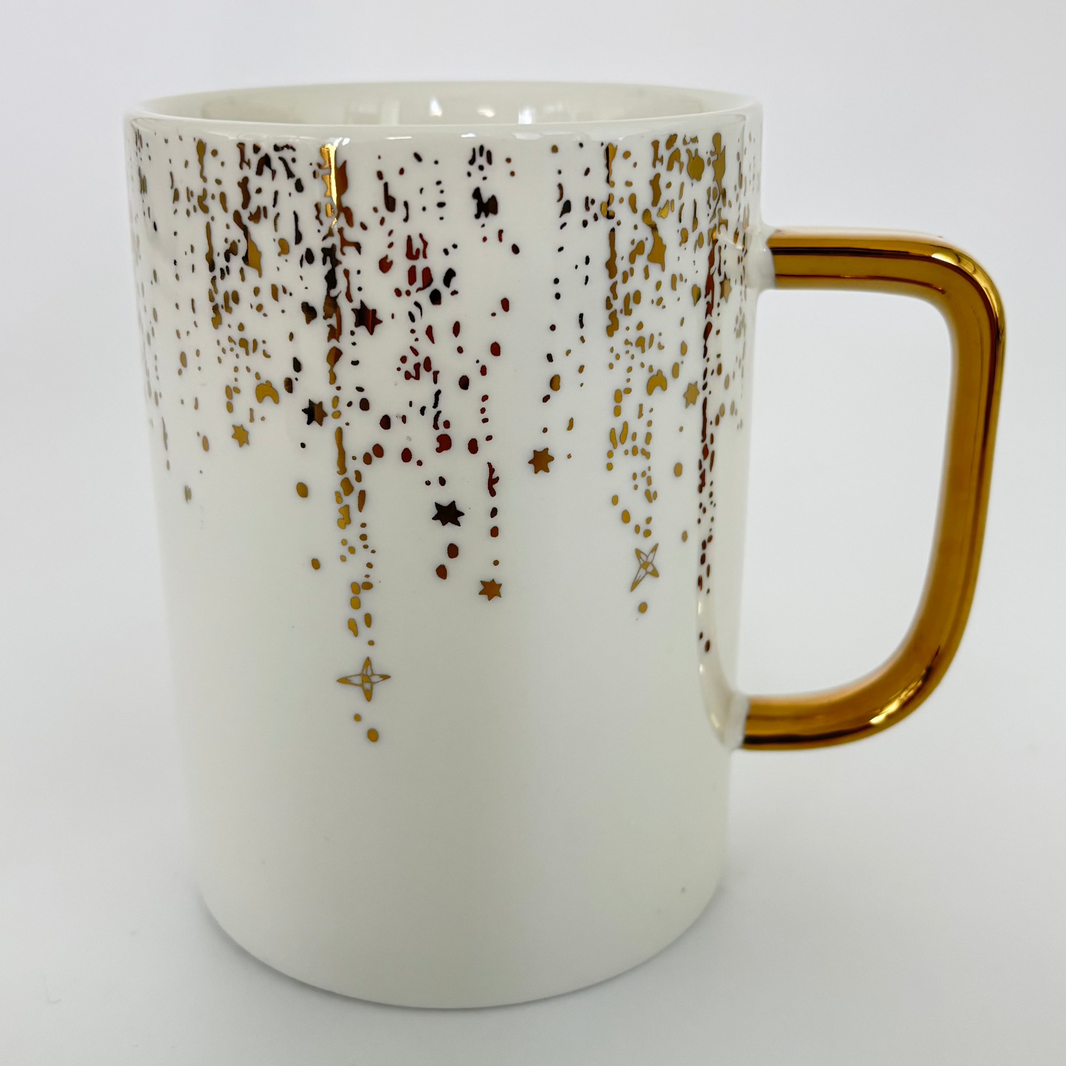 Ceramic Mug with Gold Star Pattern & Gold Handle – Elegant White Coffee Cup