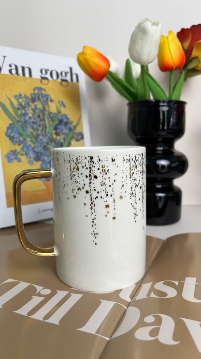 Ceramic Mug with Gold Star Pattern & Gold Handle – Elegant White Coffee Cup