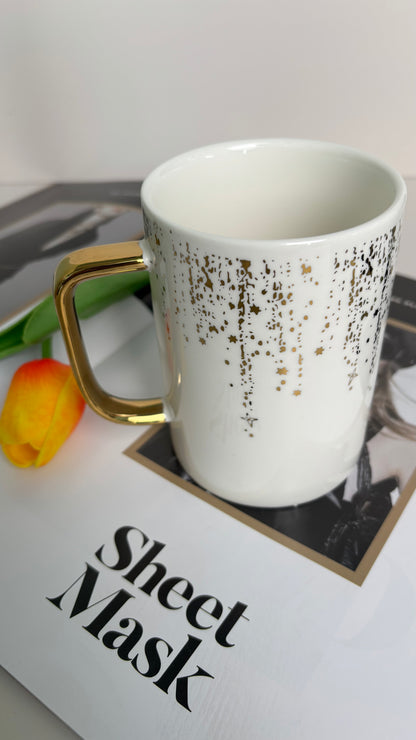 Ceramic Mug with Gold Star Pattern & Gold Handle – Elegant White Coffee Cup