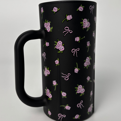 Stylish Tall Ceramic Mug – Black with Pink Flowers – Elegant Coffee Cup