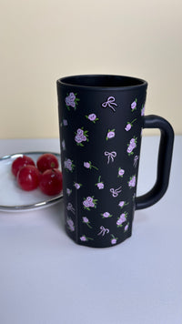 Stylish Tall Ceramic Mug – Black with Pink Flowers – Elegant Coffee Cup