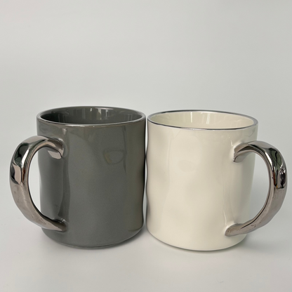 Couple Ceramic Mugs – Gray & White with Silver Handles – Perfect for Him & Her