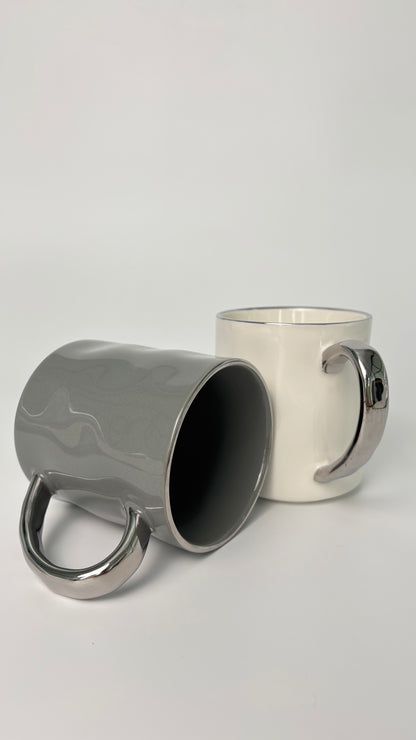 Couple Ceramic Mugs – Gray & White with Silver Handles – Perfect for Him & Her