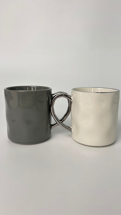 Couple Ceramic Mugs – Gray & White with Silver Handles – Perfect for Him & Her