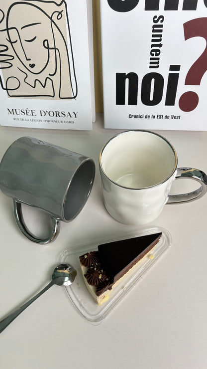 Couple Ceramic Mugs – Gray & White with Silver Handles – Perfect for Him & Her