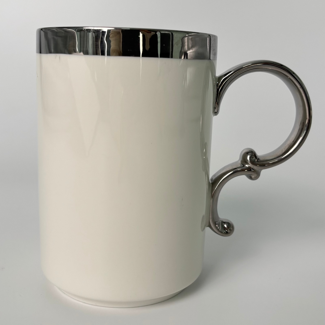 Ceramic Mug with Tall White Body & Bright Silver Rim – Unique Handle Coffee Cup