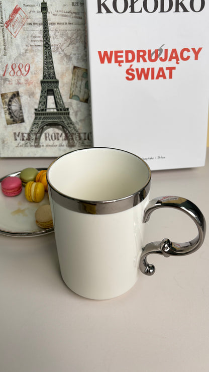 Ceramic Mug with Tall White Body & Bright Silver Rim – Unique Handle Coffee Cup