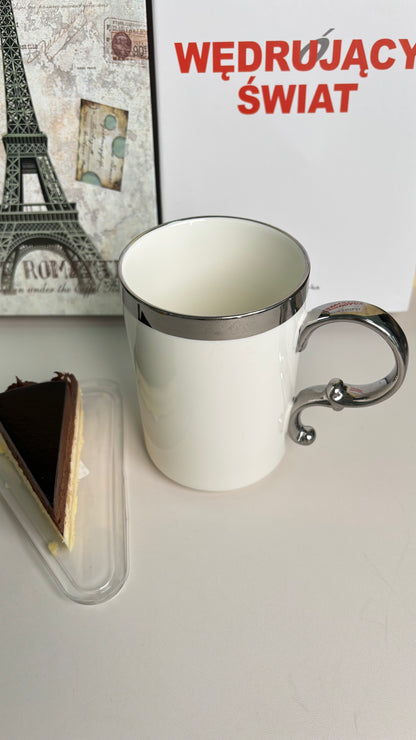 Ceramic Mug with Tall White Body & Bright Silver Rim – Unique Handle Coffee Cup