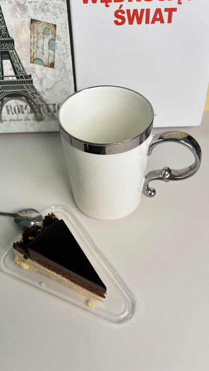 Ceramic Mug with Tall White Body & Bright Silver Rim – Unique Handle Coffee Cup