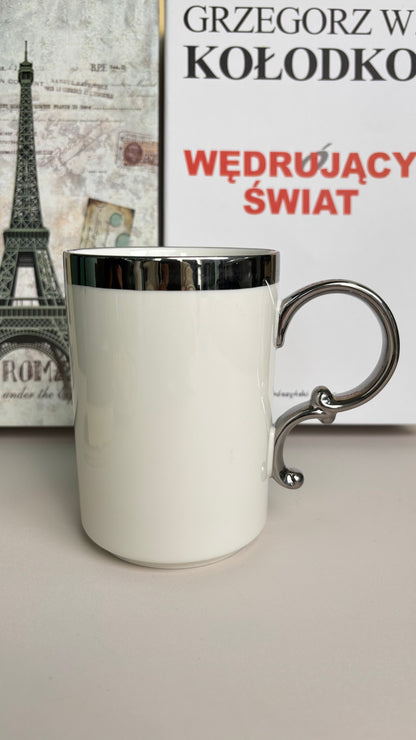 Ceramic Mug with Tall White Body & Bright Silver Rim – Unique Handle Coffee Cup