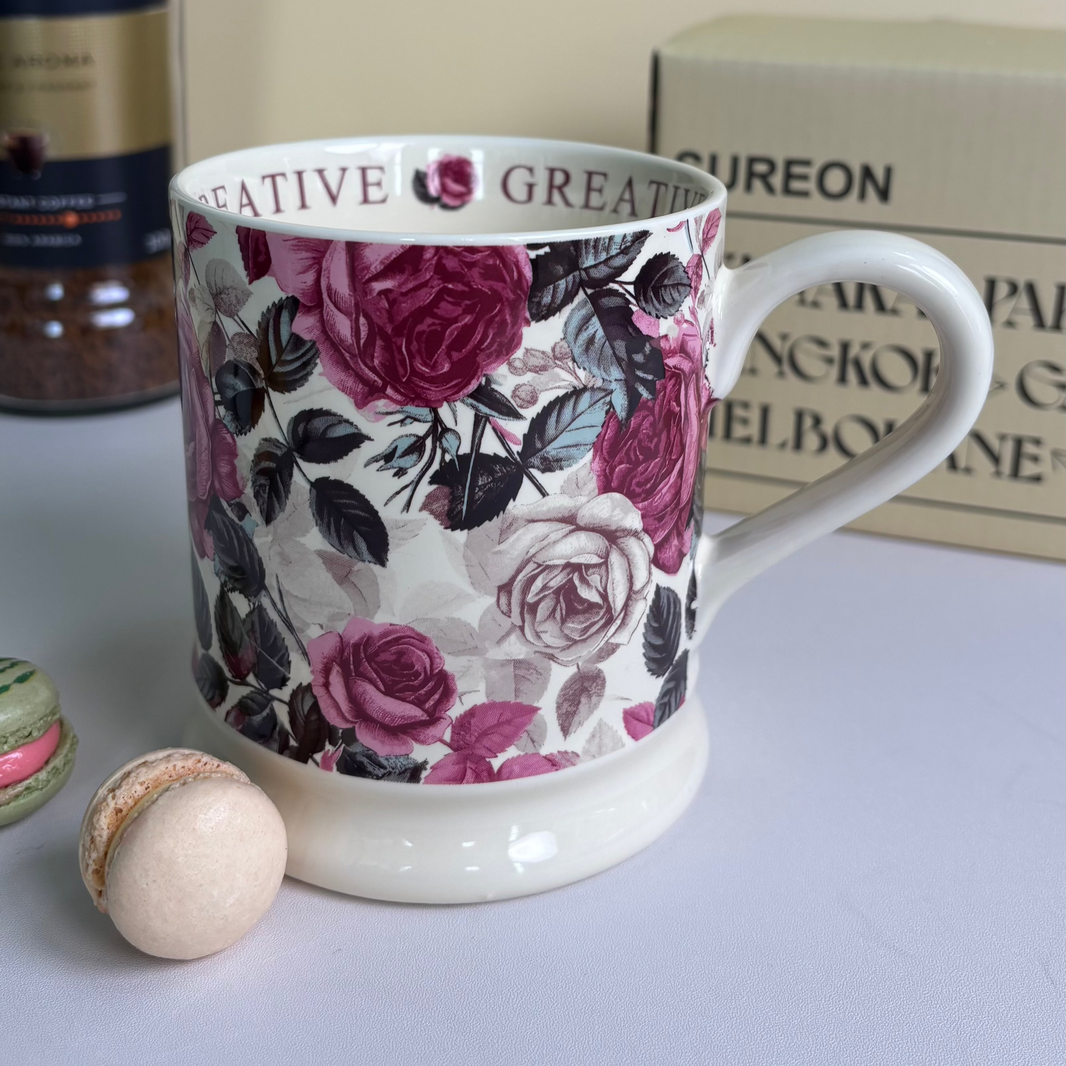 Ceramic Mug with Pink & White Roses – Multi-Colored Floral Coffee Cup