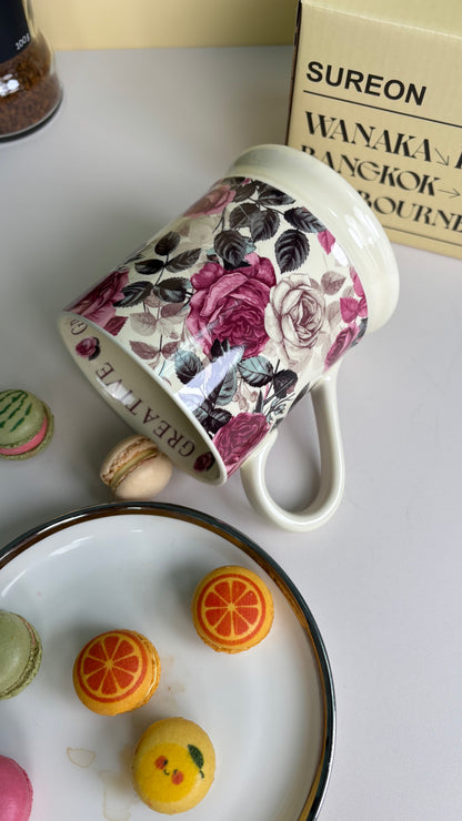 Ceramic Mug with Pink & White Roses – Multi-Colored Floral Coffee Cup