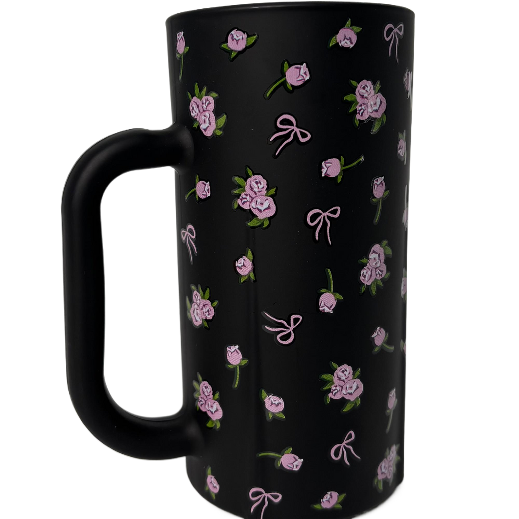 Stylish Tall Ceramic Mug – Black with Pink Flowers – Elegant Coffee Cup