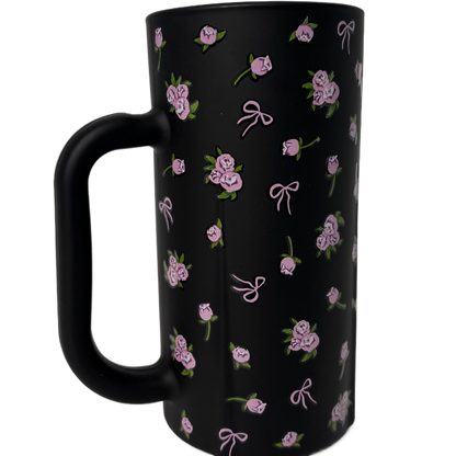 Stylish Tall Ceramic Mug – Black with Pink Flowers – Elegant Coffee Cup