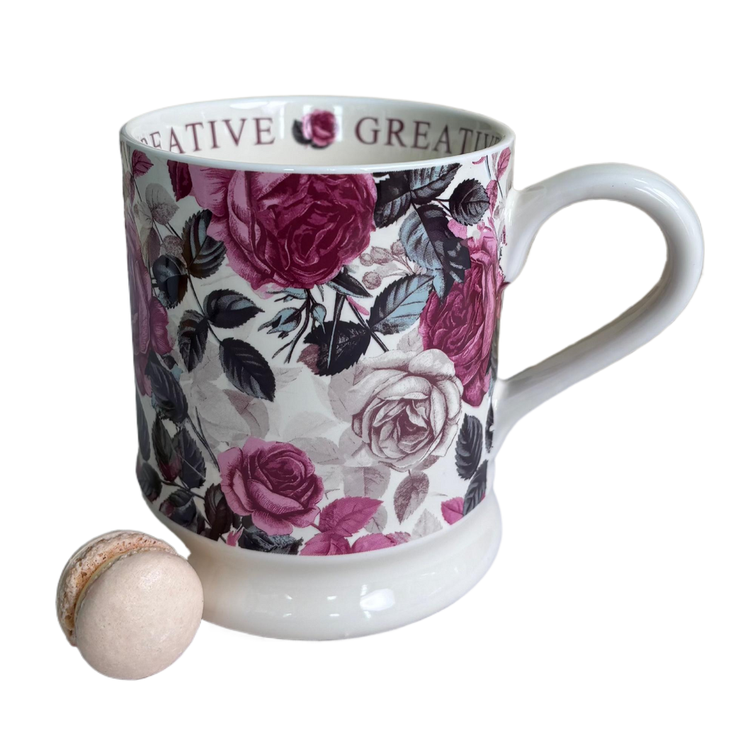 Ceramic Mug with Pink & White Roses – Multi-Colored Floral Coffee Cup