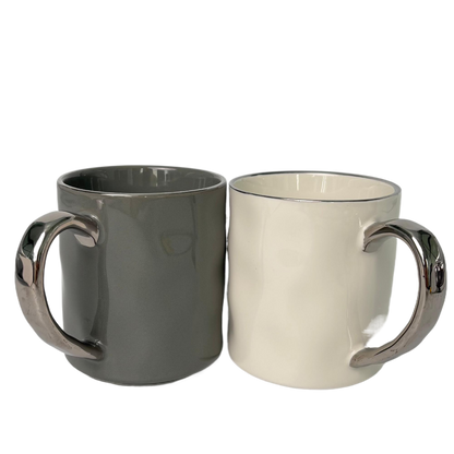 Couple Ceramic Mugs – Gray & White with Silver Handles – Perfect for Him & Her