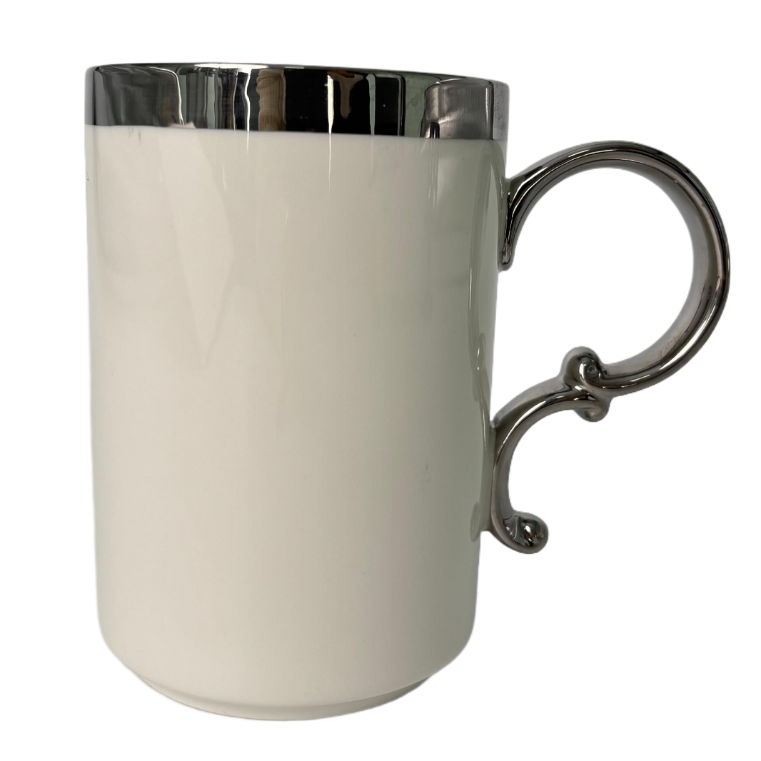 Ceramic Mug with Tall White Body & Bright Silver Rim – Unique Handle Coffee Cup