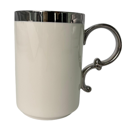 Ceramic Mug with Tall White Body & Bright Silver Rim – Unique Handle Coffee Cup