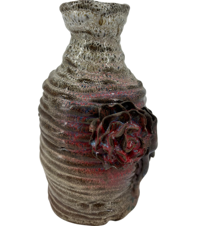 Delicate Ceramic Vase – Small Glazed Bottle with Red Roses, Colorful Home Décor