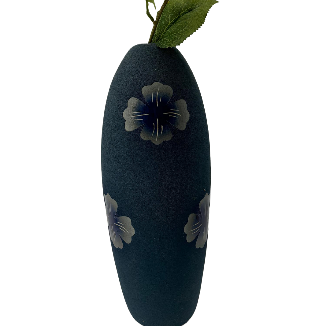 Blue Ceramic Elongated Vase with Floral Design – Elegant Home Décor, Artistic Accent Piece