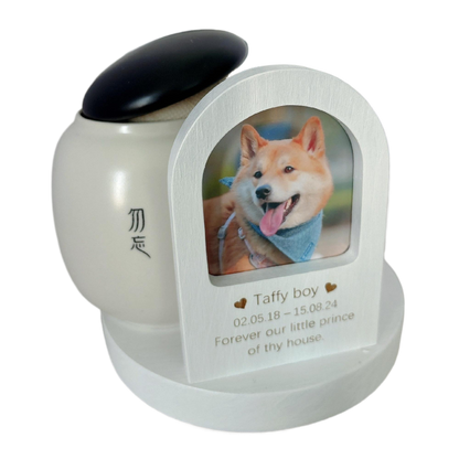 Customizable Ceramic Pet Urn with Wooden Tombstone – Oval-Shaped Memorial