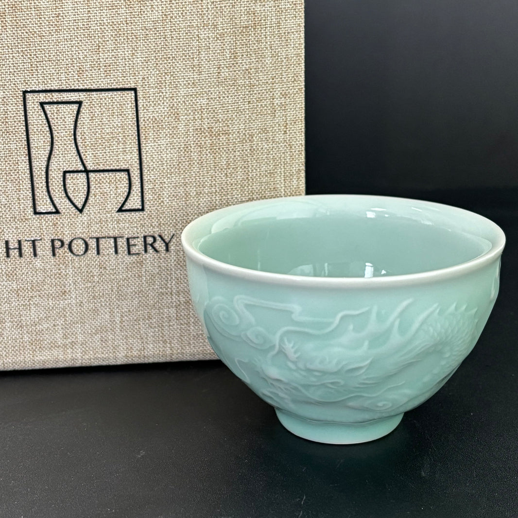 Handmade ceramic green dragon teacup dragon pattern smooth craft