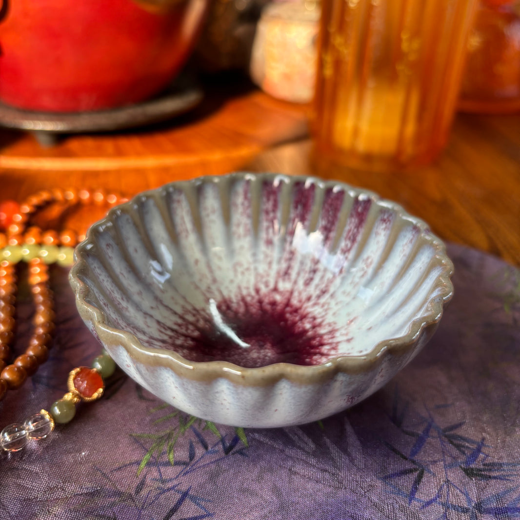 Handmade Ceramic Teacup - Wavy Rim, Red & White, Unique Shape