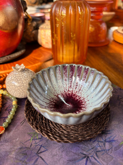 Handmade Ceramic Teacup - Wavy Rim, Red & White, Unique Shape