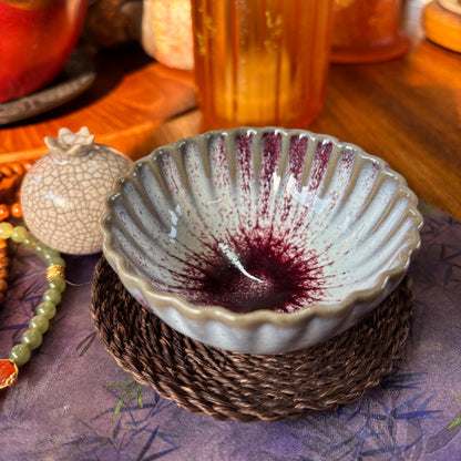 Handmade Ceramic Teacup - Wavy Rim, Red & White, Unique Shape