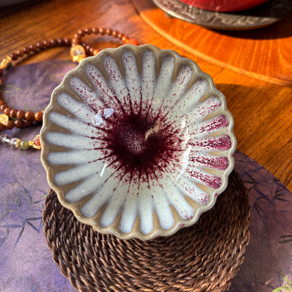 Handmade Ceramic Teacup - Wavy Rim, Red & White, Unique Shape