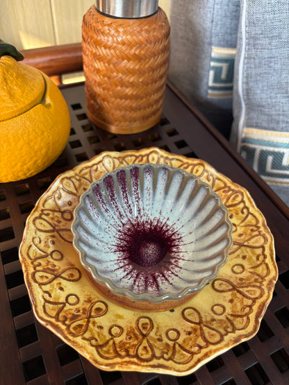 Handmade Ceramic Teacup - Wavy Rim, Red & White, Unique Shape