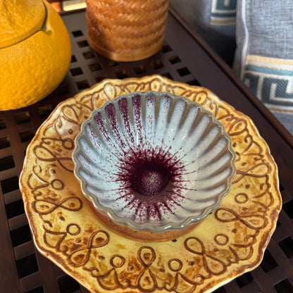 Handmade Ceramic Teacup - Wavy Rim, Red & White, Unique Shape