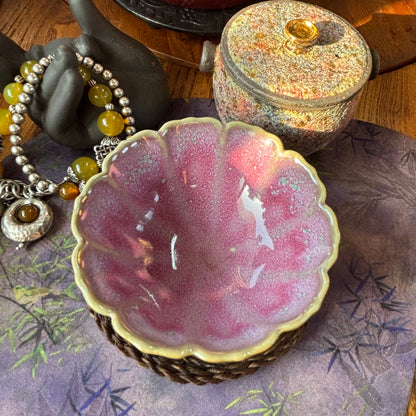 "Handmade Pink Ceramic Teacup – Floral Wave Rim, Unique & Artistic Design"