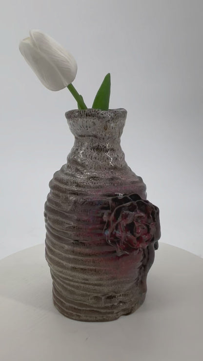 Delicate Ceramic Vase – Small Glazed Bottle with Red Roses, Colorful Home Décor