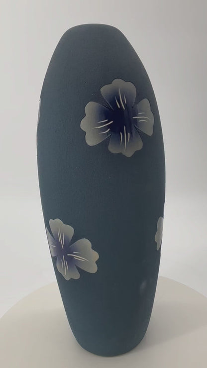 Blue Ceramic Elongated Vase with Floral Design – Elegant Home Décor, Artistic Accent Piece